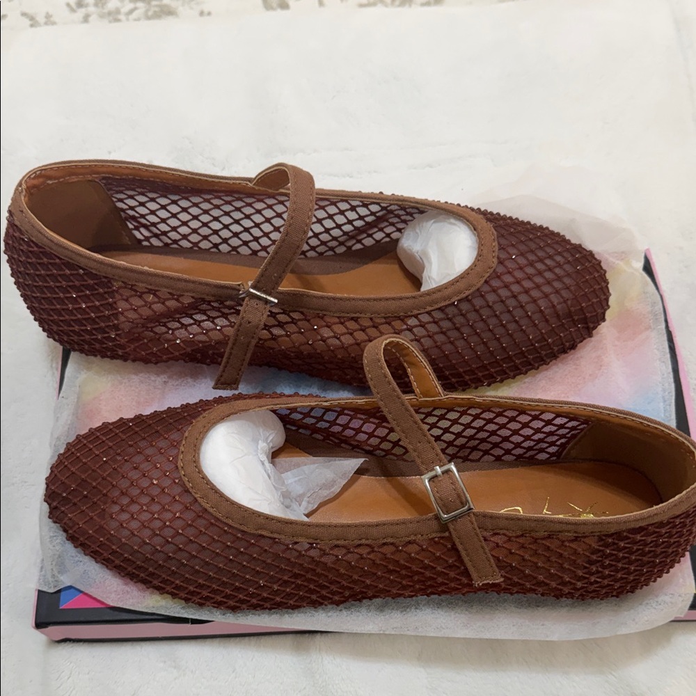 Elegant Brown Mesh Mary Jane Flats